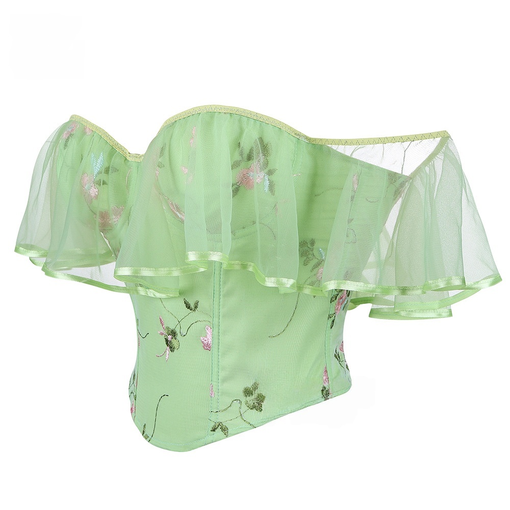 Floral Embroidered Off-Shoulder Corset Top -Sheer Overlay Bustier Waist Cincher